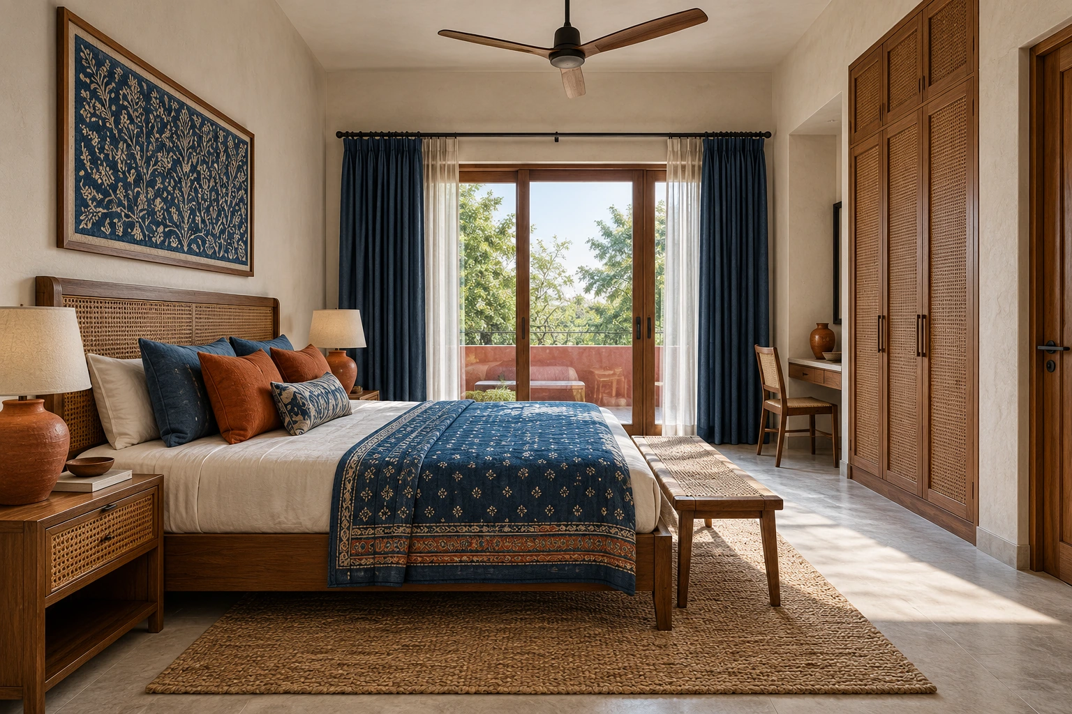 Indigo & burnt orange Indian craft bedroom
