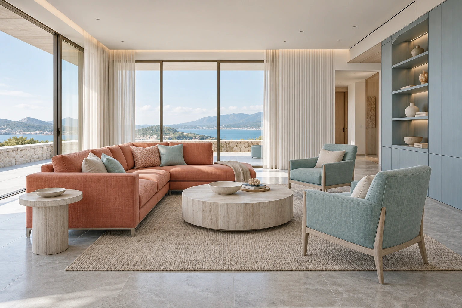 Coral & aqua coastal drawing room