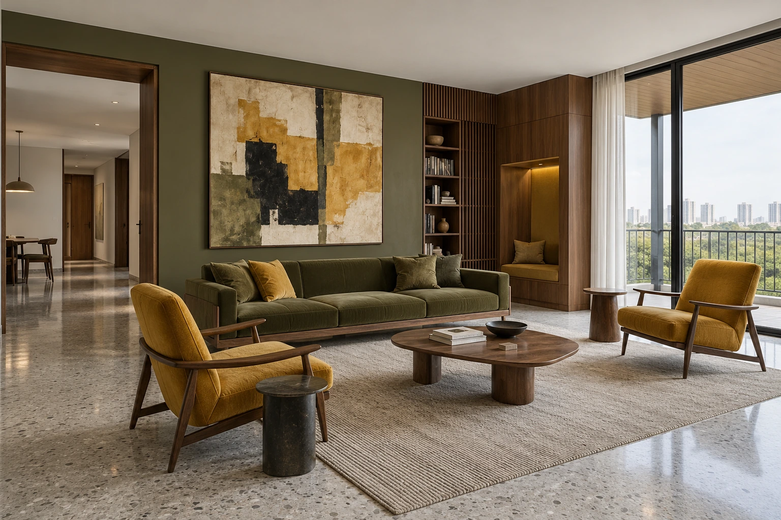 Olive & mustard mid-century drawing room