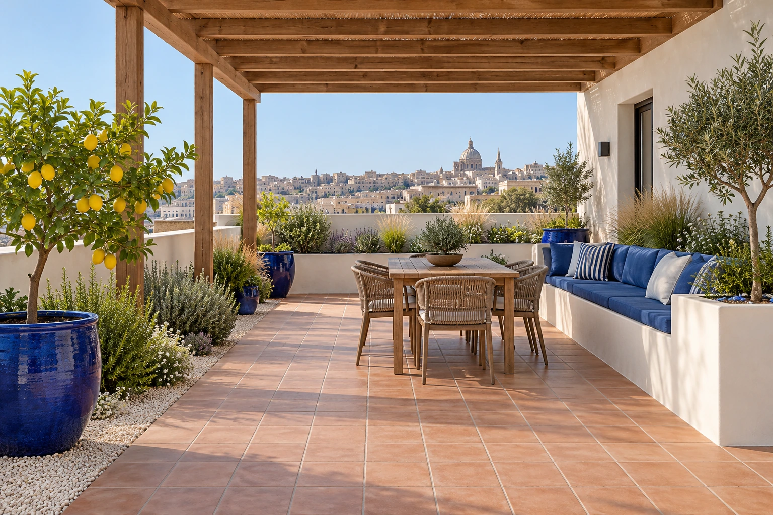 Mediterranean terrace with cobalt & terracotta