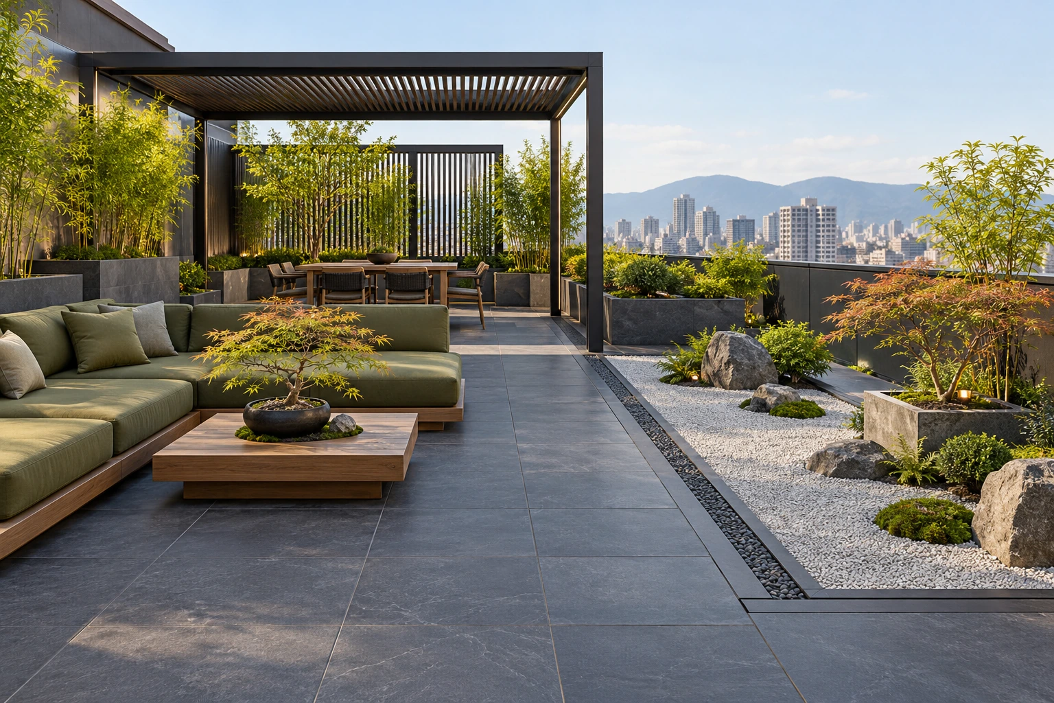 Charcoal & moss Japanese-inspired terrace