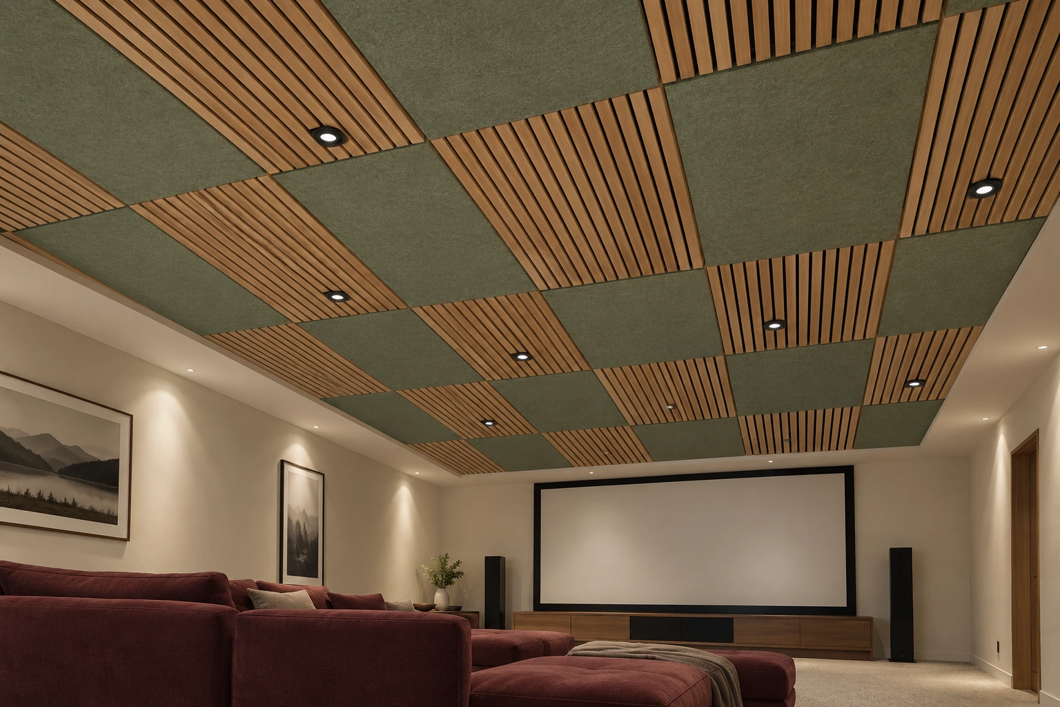 Acoustic ceiling — sage felt & oak