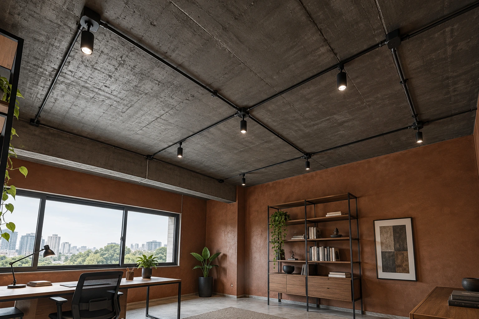 Exposed ceiling — charcoal & copper