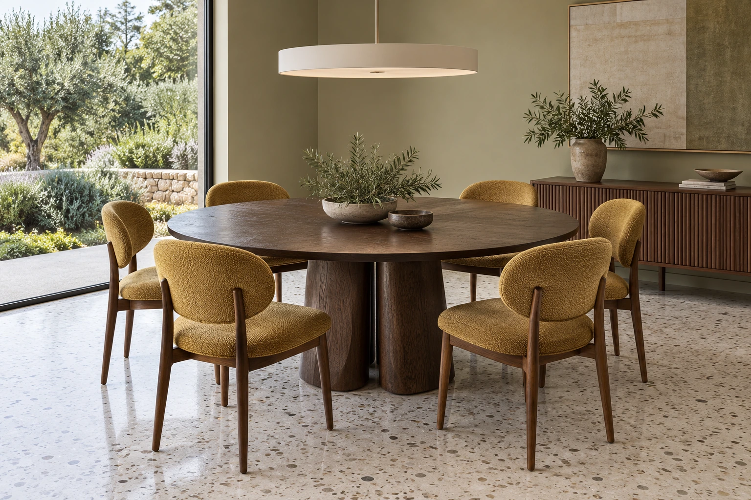 Round six-seater dining — mustard & smoked oak