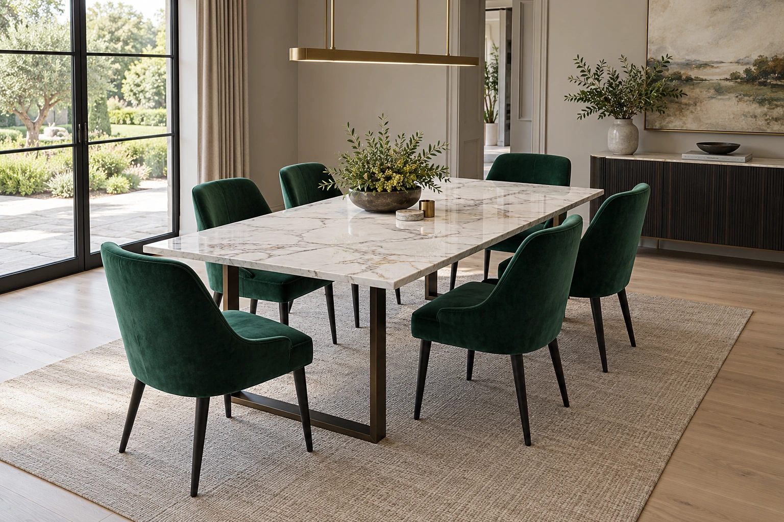 Six-seater dining — emerald & white marble