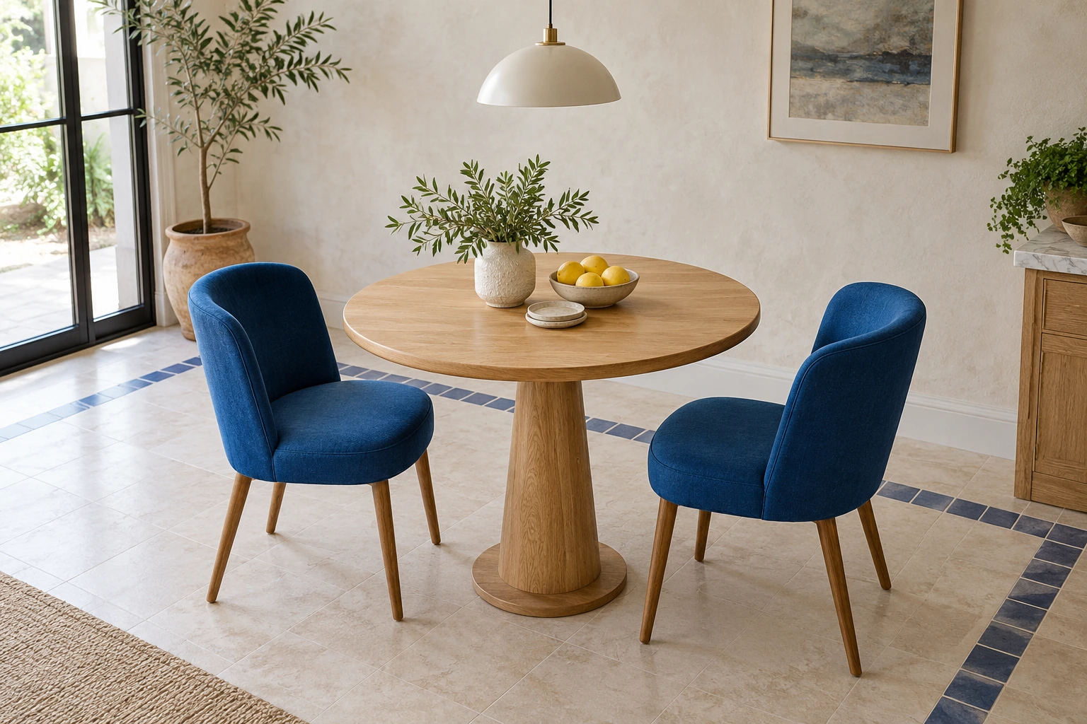 Two-seater dining nook — cobalt & oak