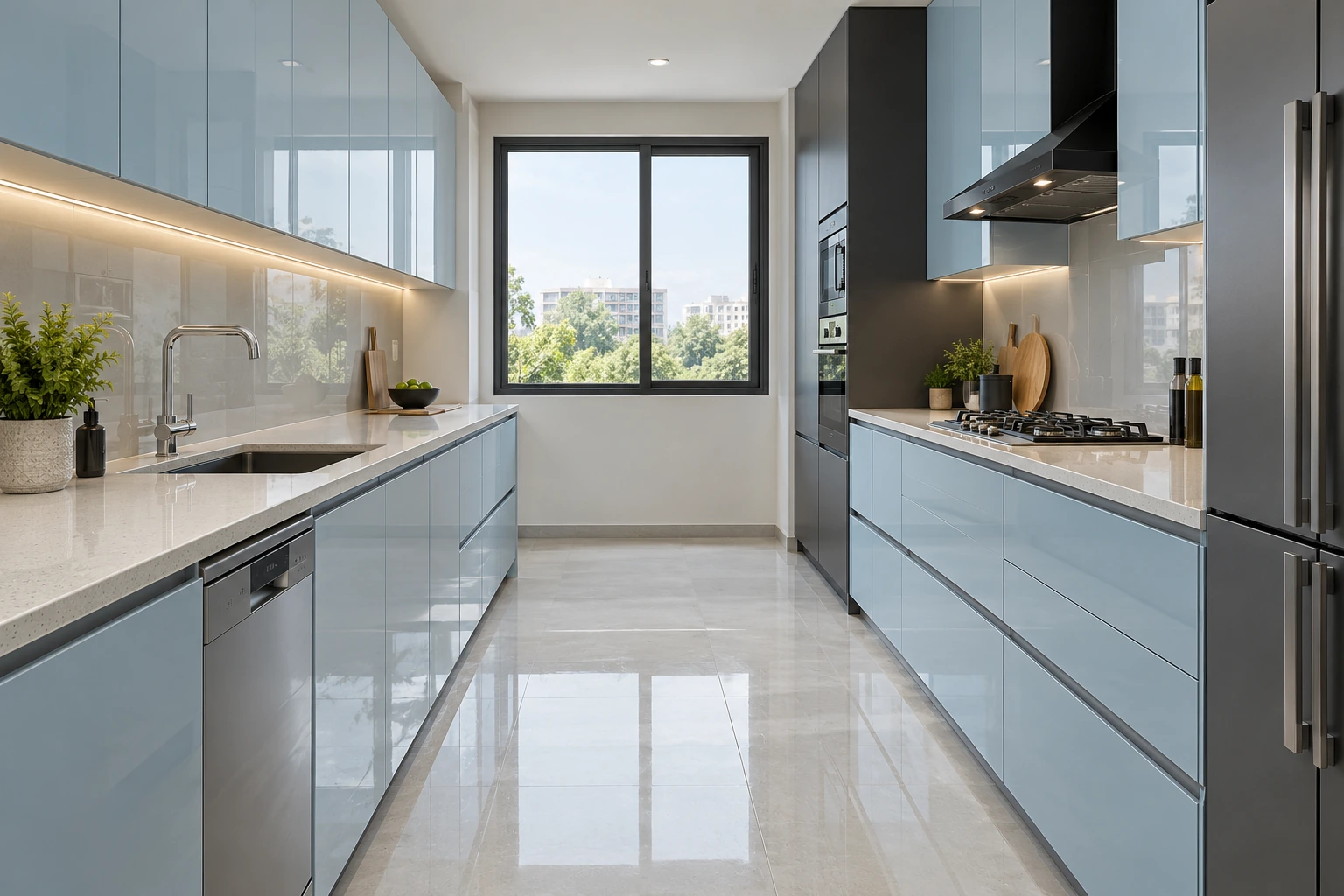 Acrylic kitchen — ice blue & graphite