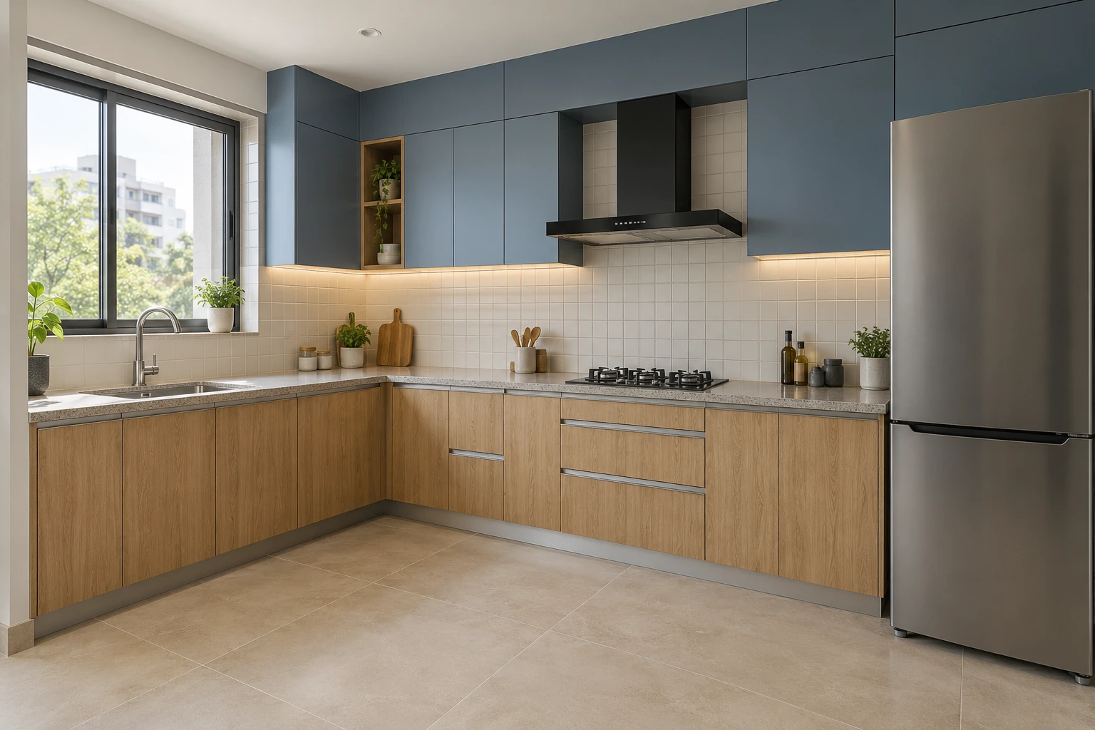 L-shaped kitchen — oak & slate