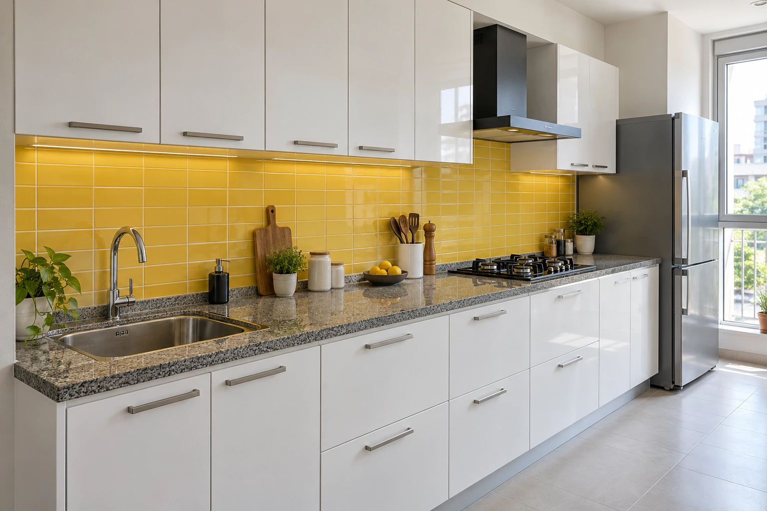 Straight kitchen — white laminate & yellow tile