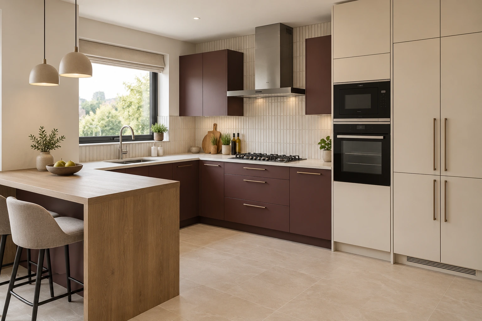 PU-painted kitchen — aubergine & cream