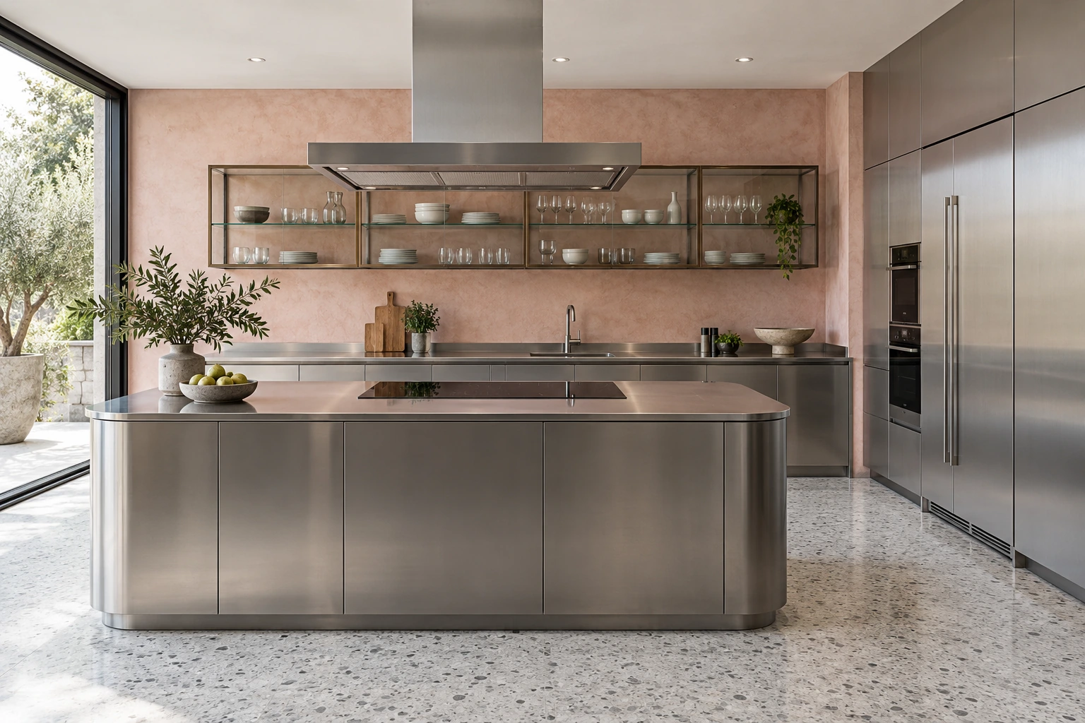 Stainless-steel kitchen — brushed silver & blush