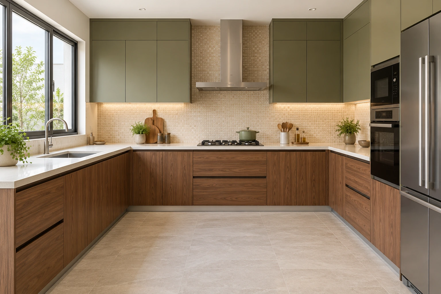 Wood-finish kitchen — walnut & olive