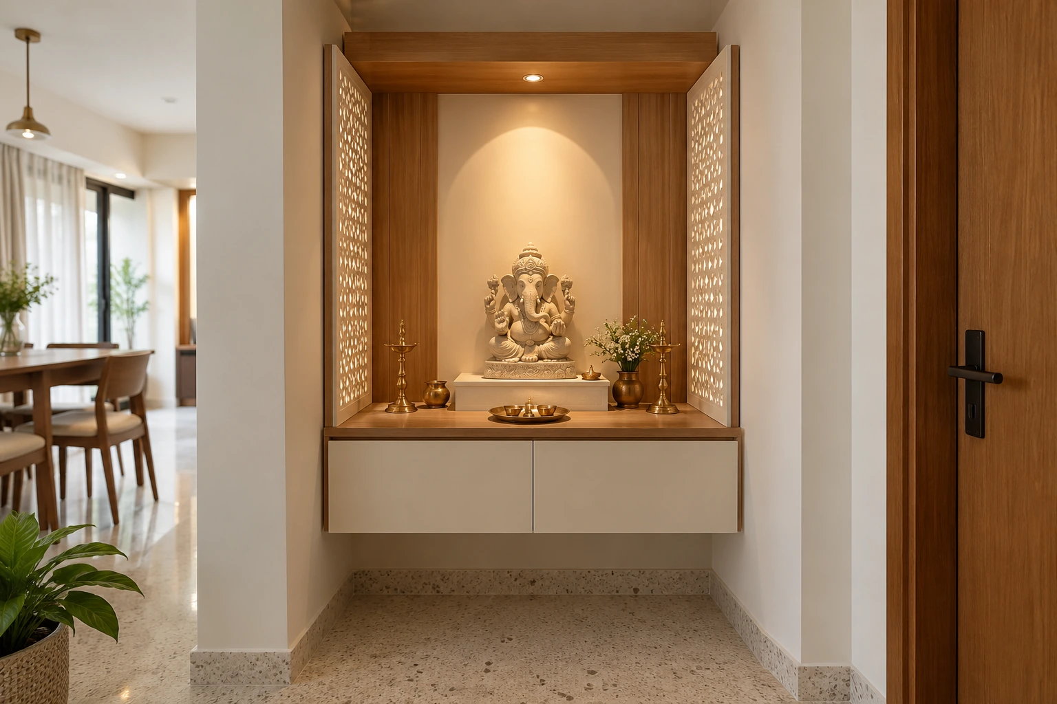 Compact pooja unit — ivory & honey oak