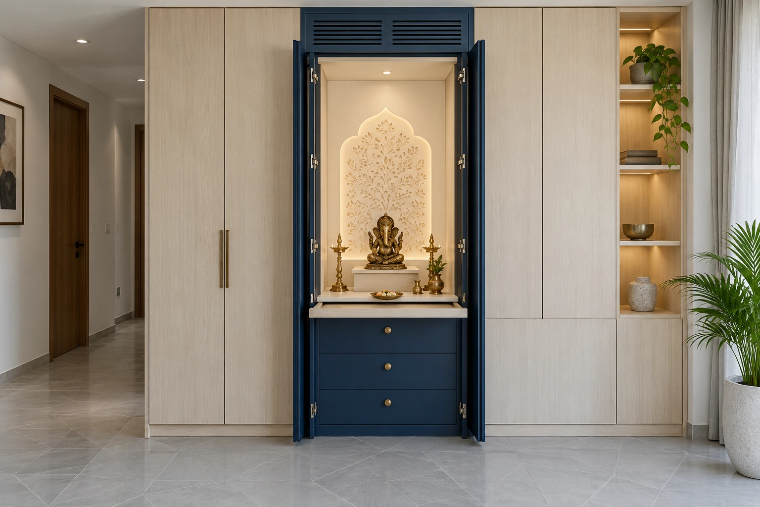 Fold-away pooja cabinet — navy & pale maple