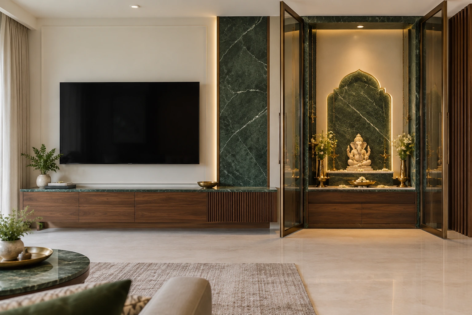 Integrated TV & pooja wall — jade & walnut