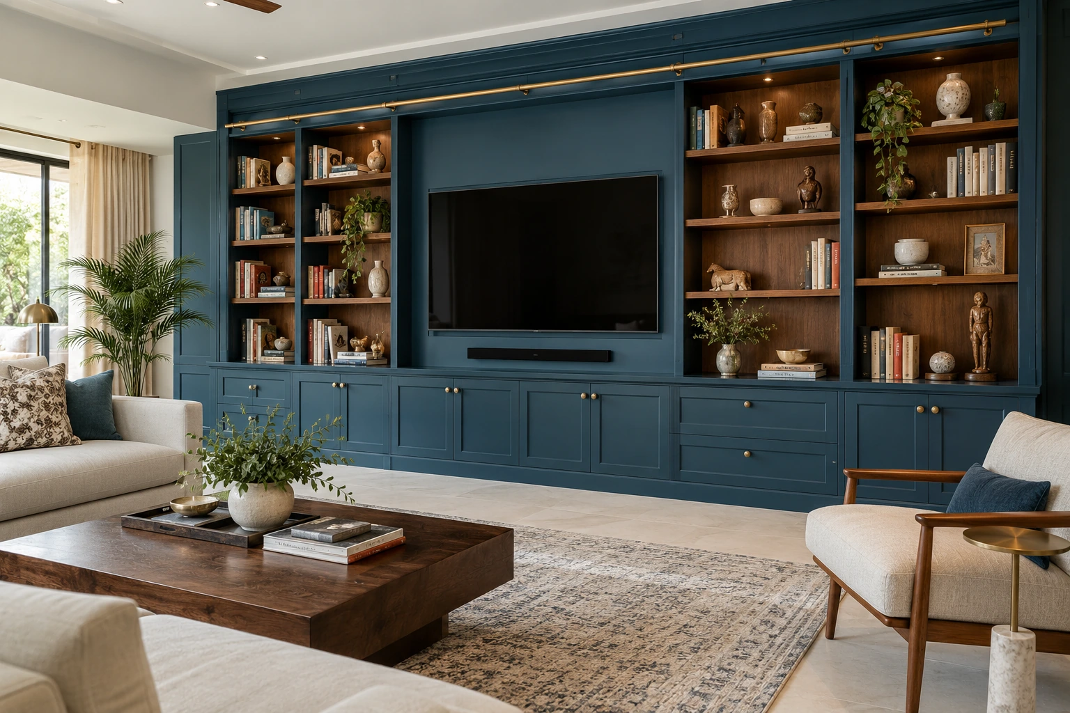 TV library wall — petrol & cherry wood