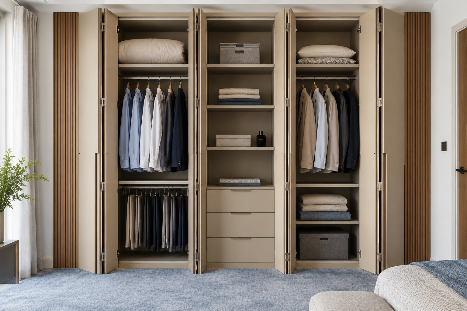 Bi-fold wardrobe — champagne & fluted oak