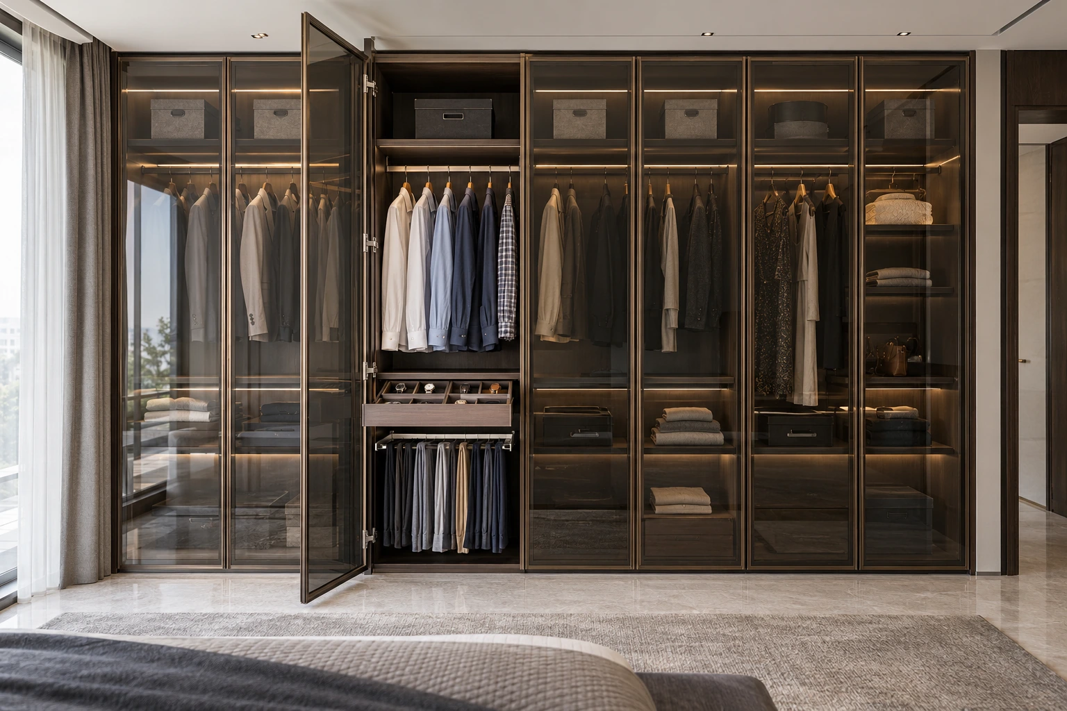 Glass wardrobe — smoked bronze & espresso