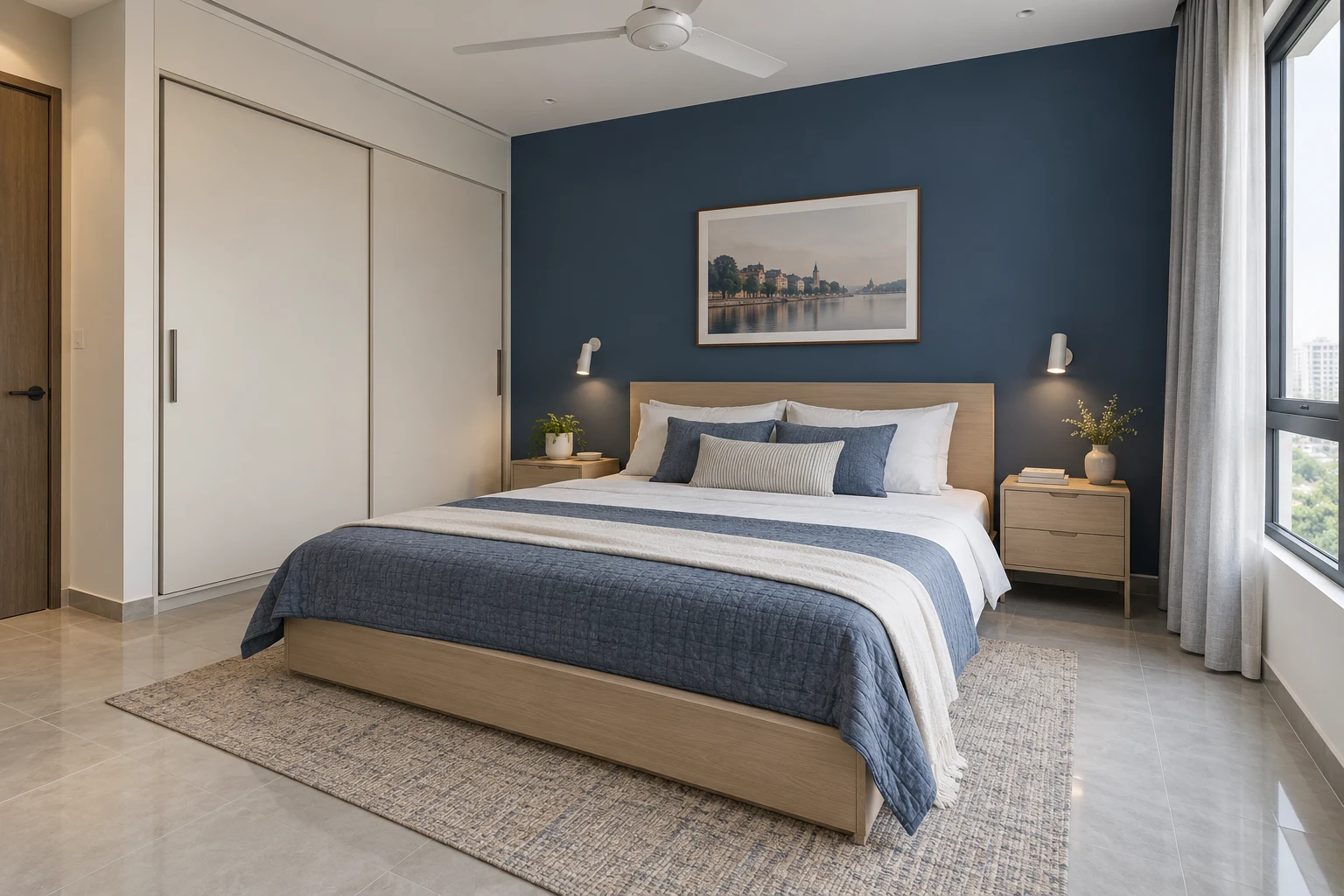 Indigo bedroom with ash-look furniture and sliding storage