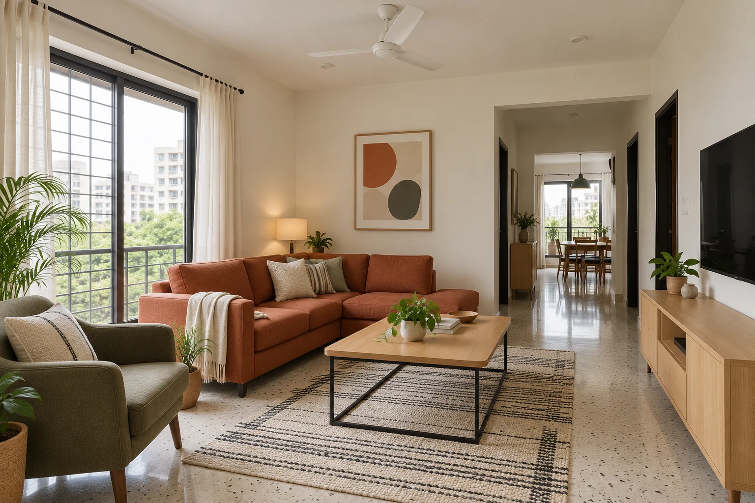 Terracotta living room with olive seating and simple wood storage