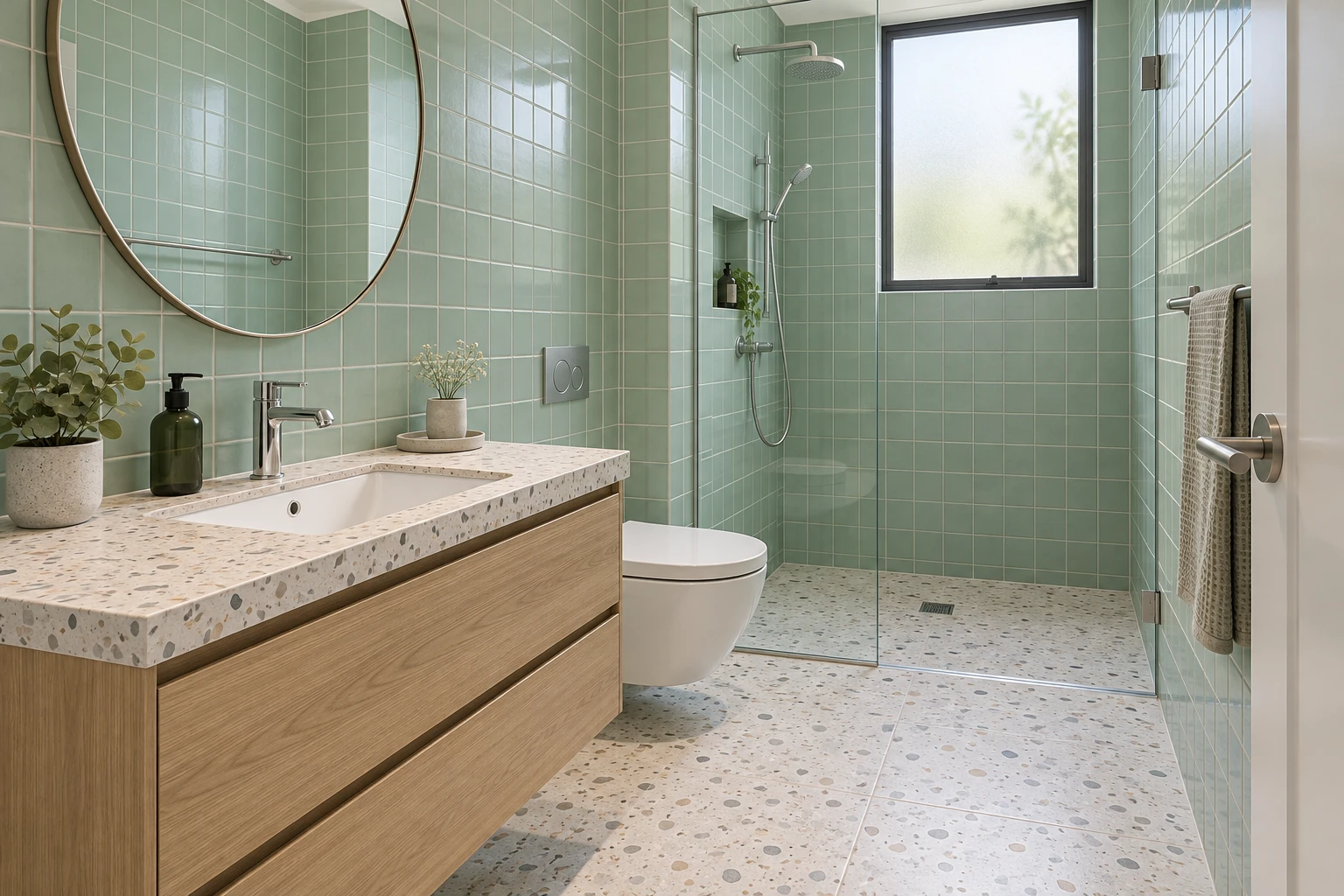 Mint tile bathroom with a terrazzo-look counter and wood vanity