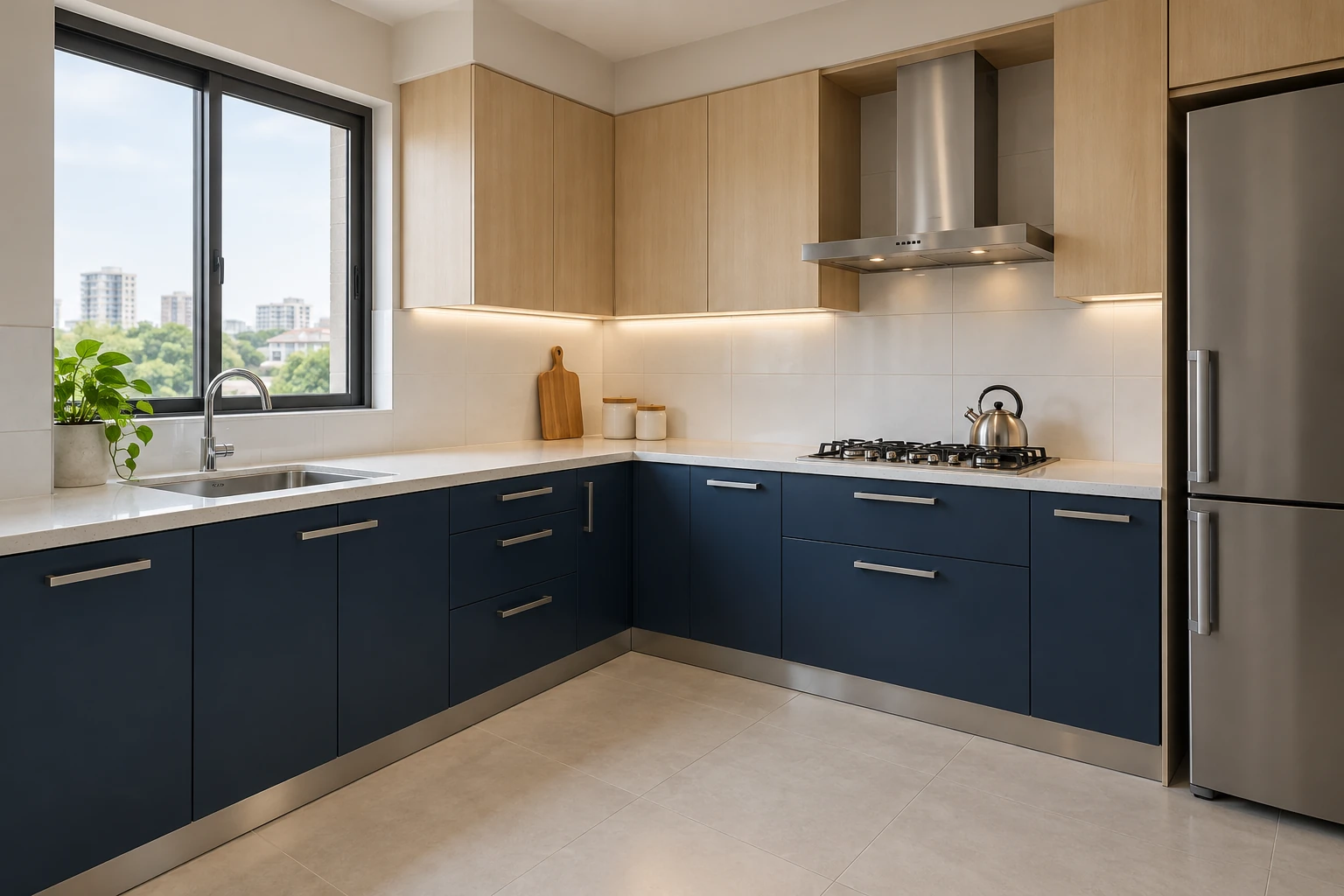 Navy modular kitchen with maple-look cabinets and a pale worktop