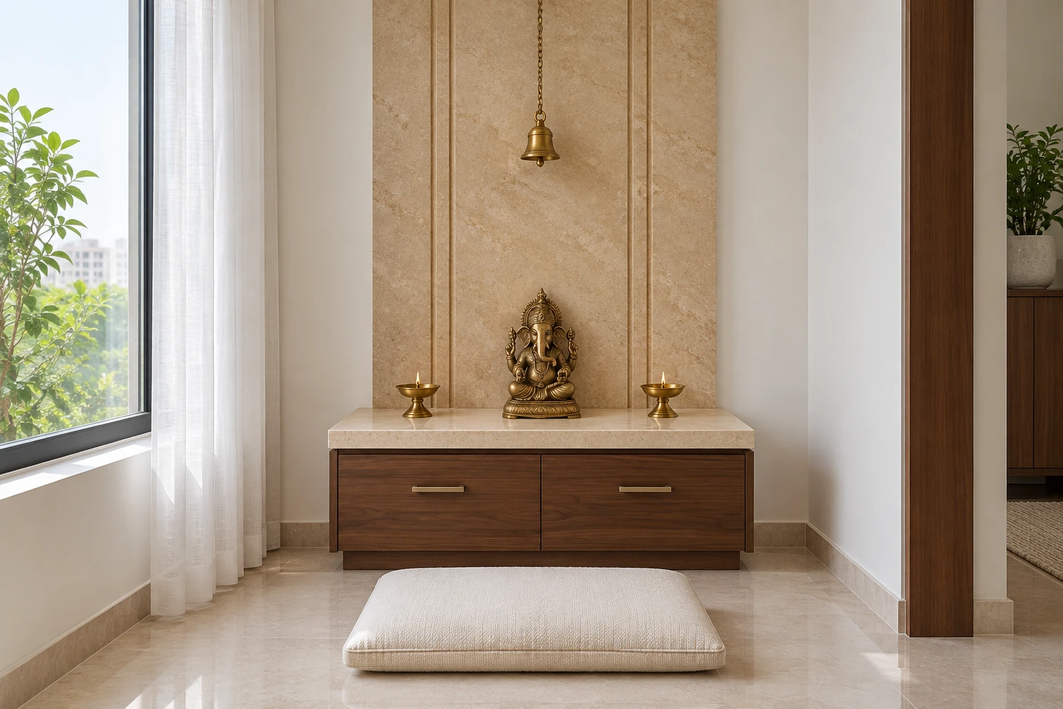 Sandstone-look pooja unit with walnut drawers and brass details