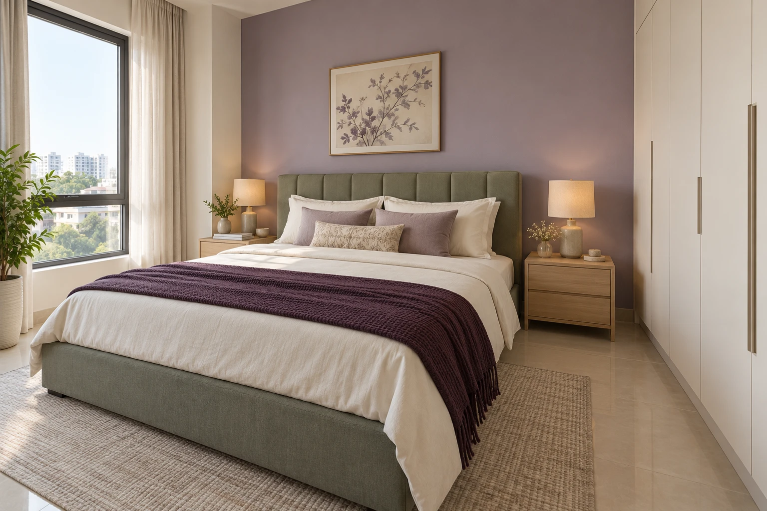 Lavender bedroom with a sage upholstered bed and birch bedside tables