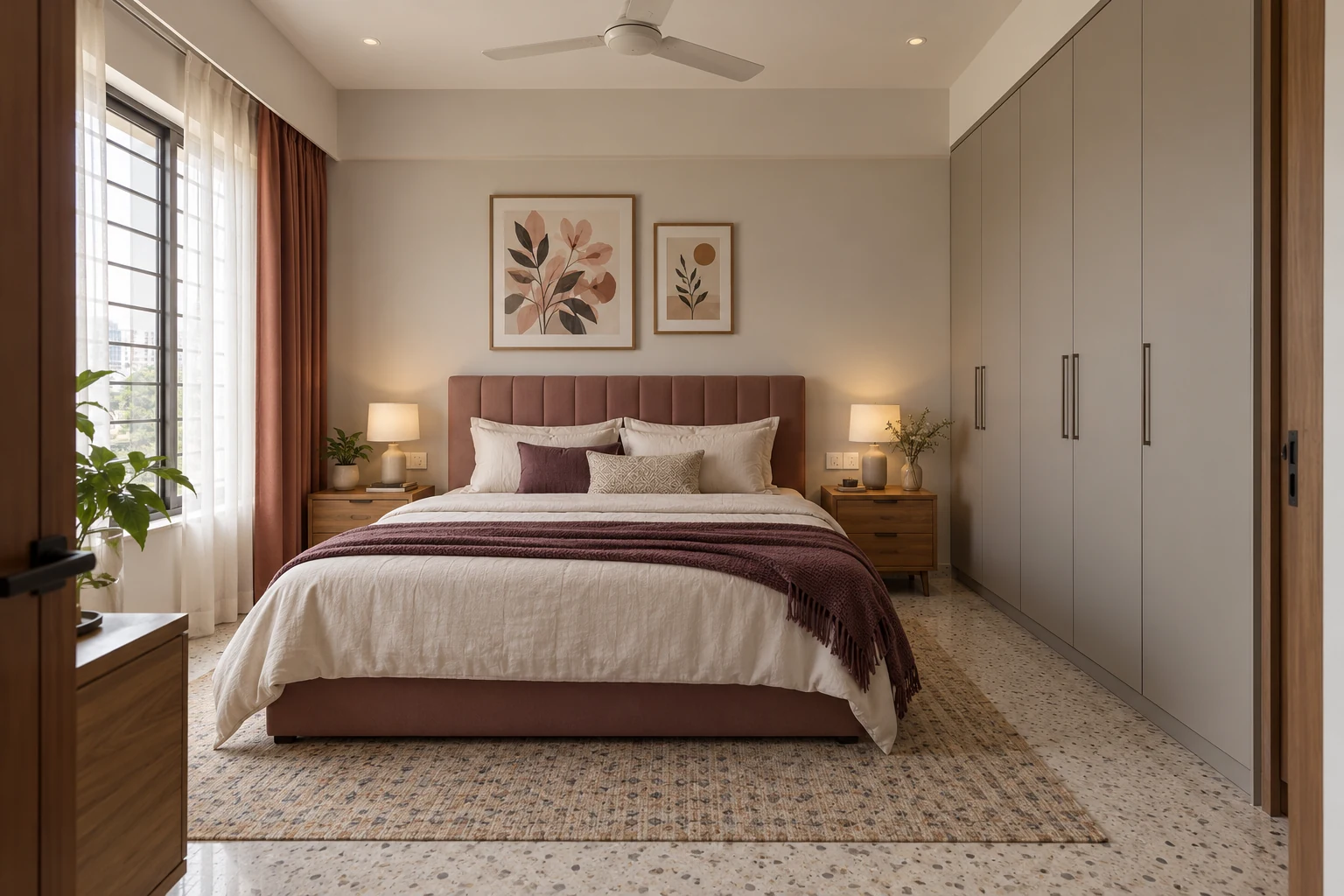 Rose and oak bedroom with full-height storage